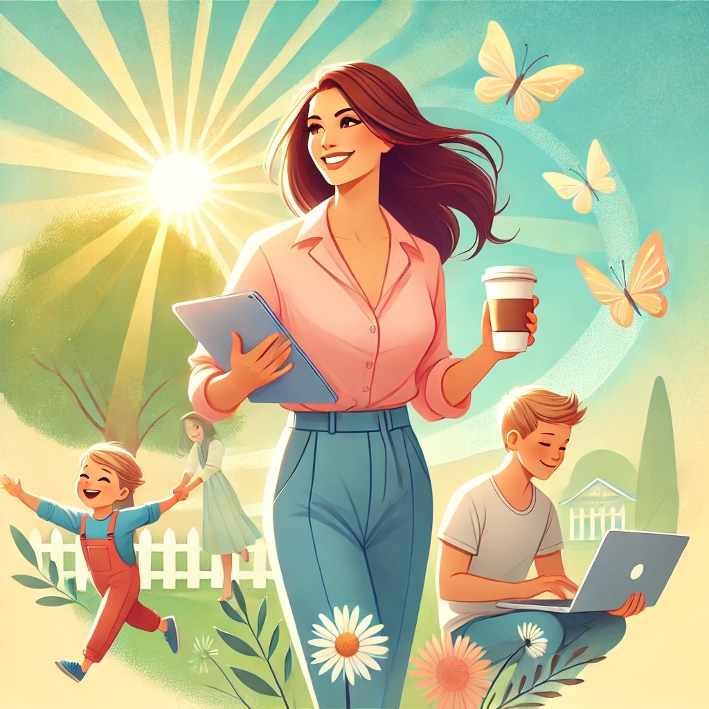 a multitasking mum with a bright, confident smile, standing tall with a coffee in one hand and a laptop in the other, while her kids happily play nearby.