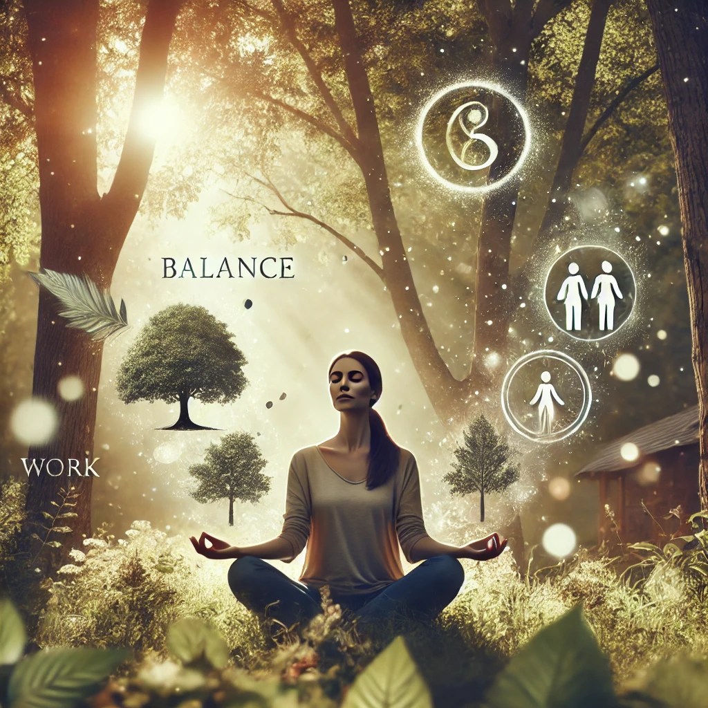 A calming yet empowering image of a woman sitting peacefully in nature, meditating with her eyes closed.