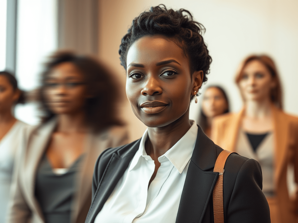 Steady is contagious. One nervous system can reset a room.
A Calm woman enters a blurred office meeting, standing in clear focus while others are in motion