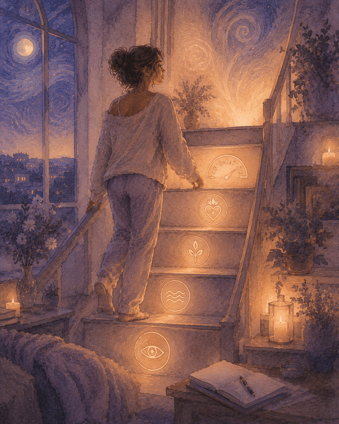 Soft watercolour image of a woman climbing a gentle staircase, representing growth without burnout through steady micro-steps and recovery.