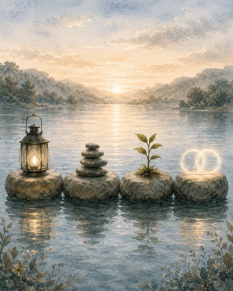 Four soft stepping stones across still water, each stone visually representing a stage: awareness as a lantern, balance as smooth stones, growth as a small green shoot, and win-win wellbeing as two gently overlapping circles of light. Calm watercolour style, spacious composition, teal, sage, soft cream, gentle therapeutic dreamscape, professional and grounded.